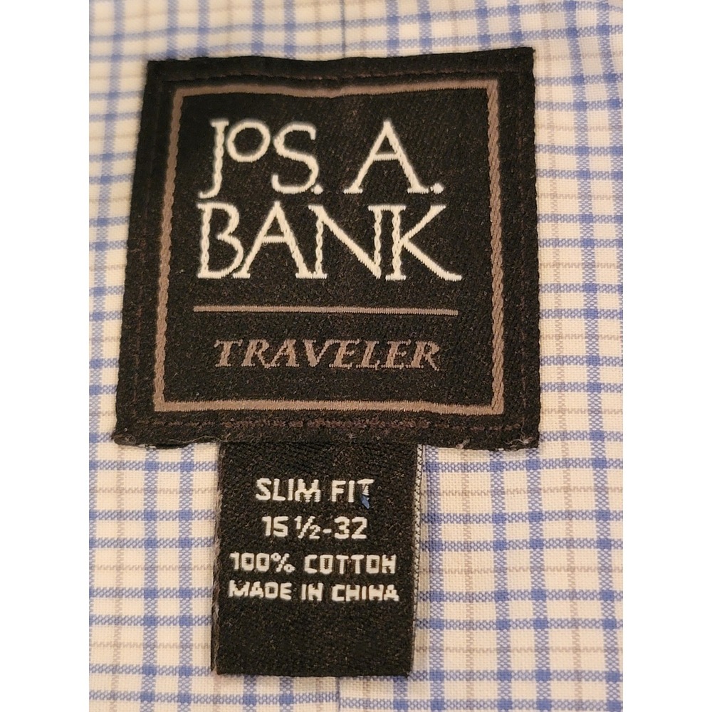 JOS A‎ BANK TRAVELER Mens Slim Fit Dress Shirt 15 1/2 32 Blue Plaid Cotton - Picture 2 of 6